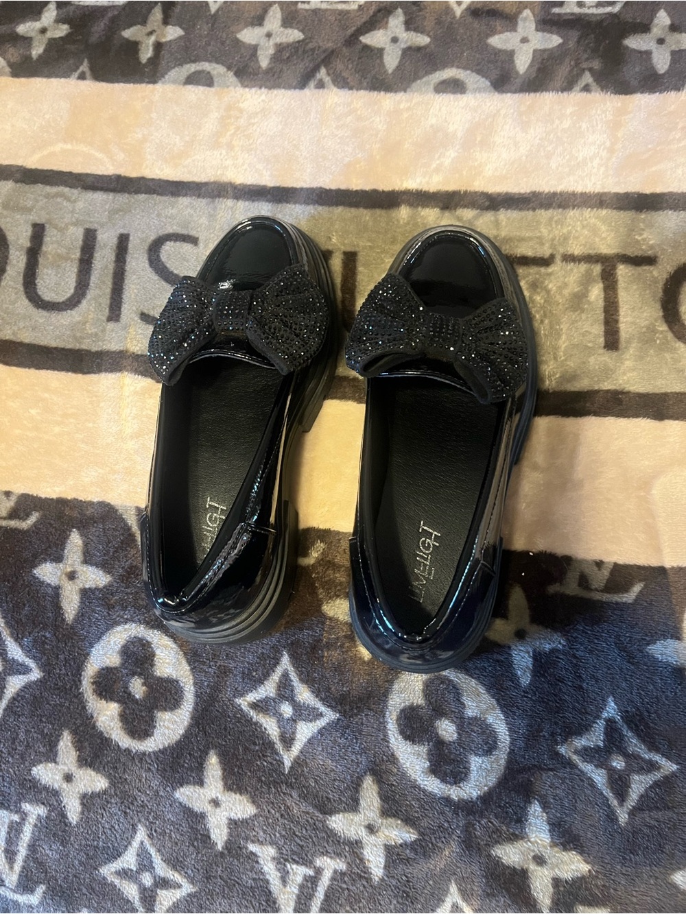 Girls' Black Patent Dress Loafers with Sparkle Bow